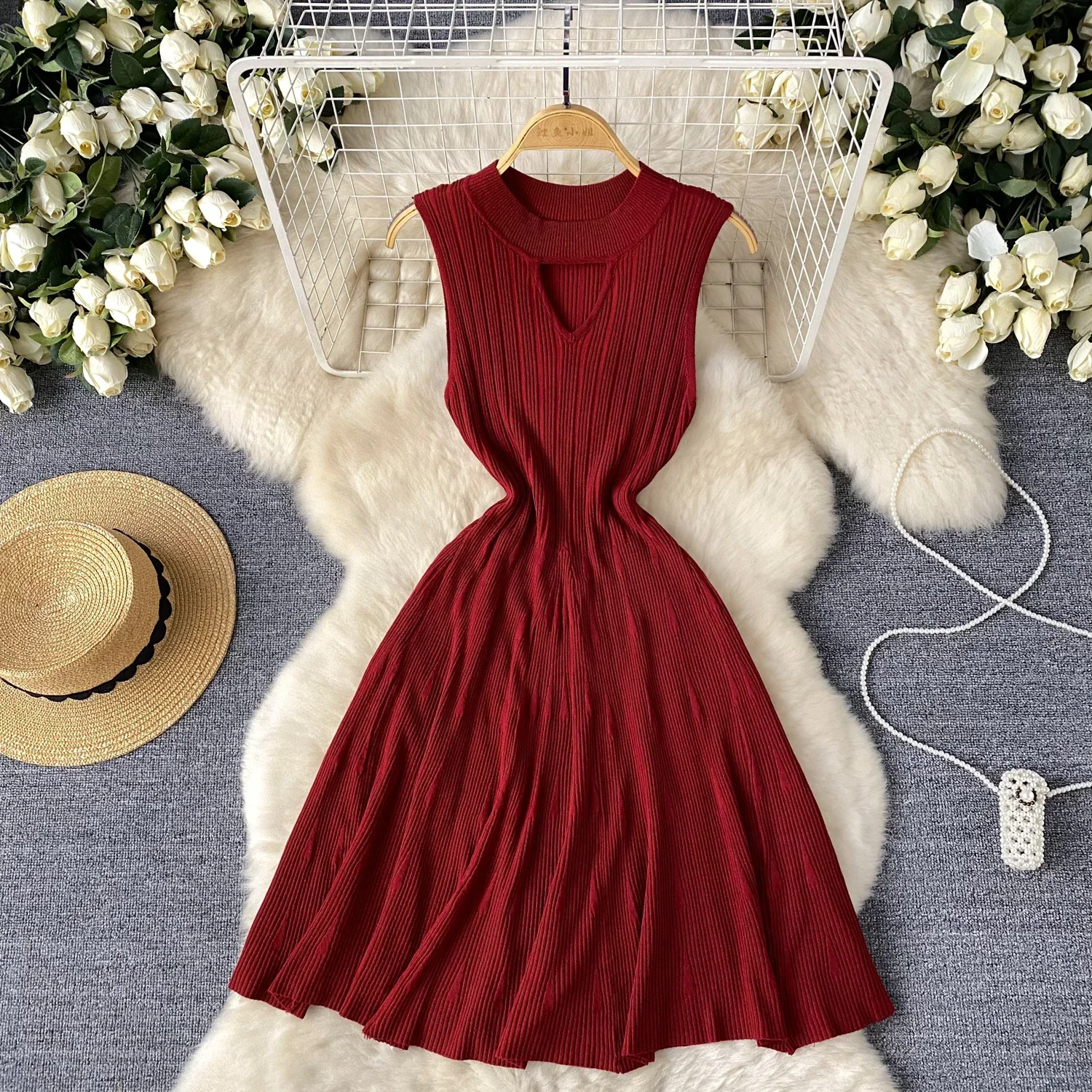 فستان مثير أنيق حلو برقبة دائرية متماسكة بدون أكمام فستان عتيق أنيق كوري أنيق للحفلات فساتين صيفية ضيقة على شكل حرف a صغيرة