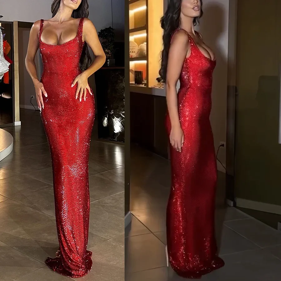 Women Fashion  Elegant Sequins Sleeveless Slim Fit Female Sexy Maxi Dress Solid Zipper Fashion Hip Bodycon Ladies Party Robe