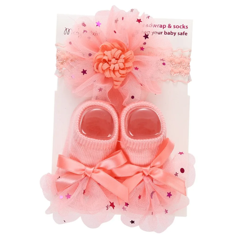 Gifts Floral Lace Baby Socks Set Cotton Blend Soft Stretch Baby Headband Set Tulle Bow Decor Baby Socks Headband Photo Props