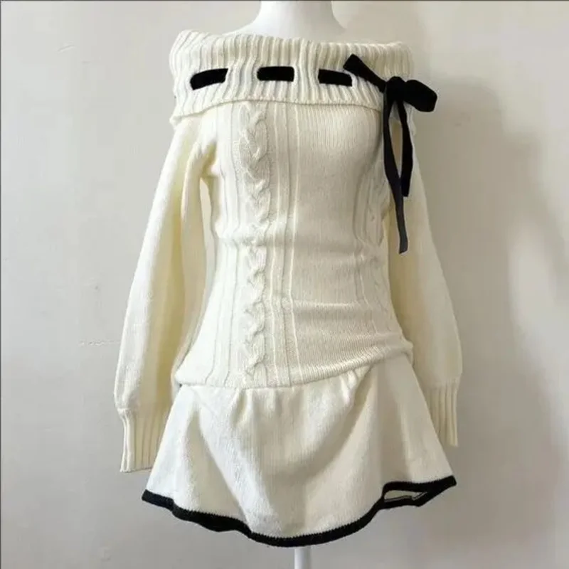 

Women's dress Sweet Cute Y2K Aesthetic Vintage Bow Sweater knit dress Harajuku Chic Fashion Korean Daily winter Emo Soft Clothes