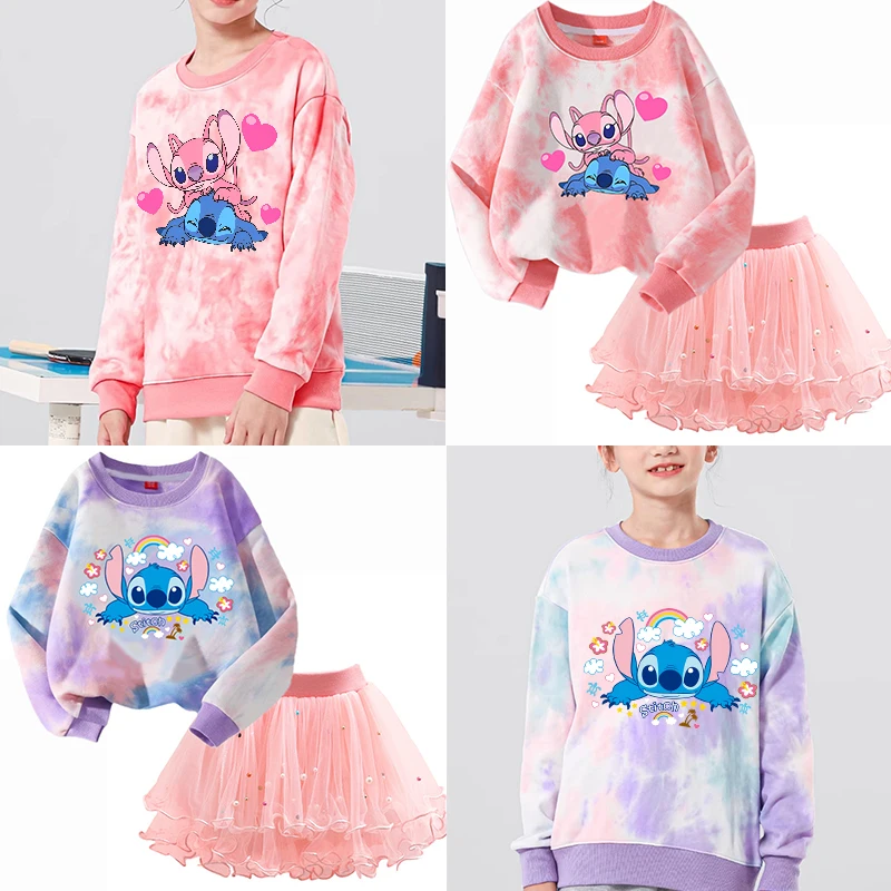 スティッチガールプリントTシャツ、チュチュスカート、チュールドレススーツ、誕生日パーティーコスチューム、キッズ長袖トップス、秋服ギフト