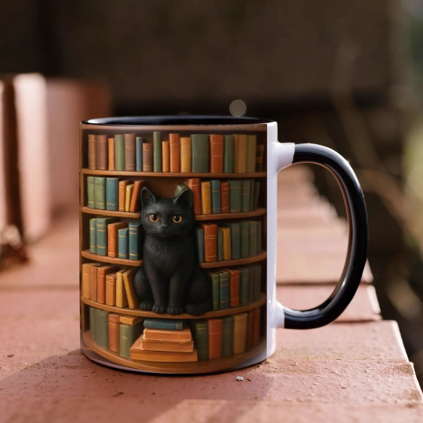 Black Cat Library Ceramic Coffee Mug, Library Themed Ceramic Water Cup