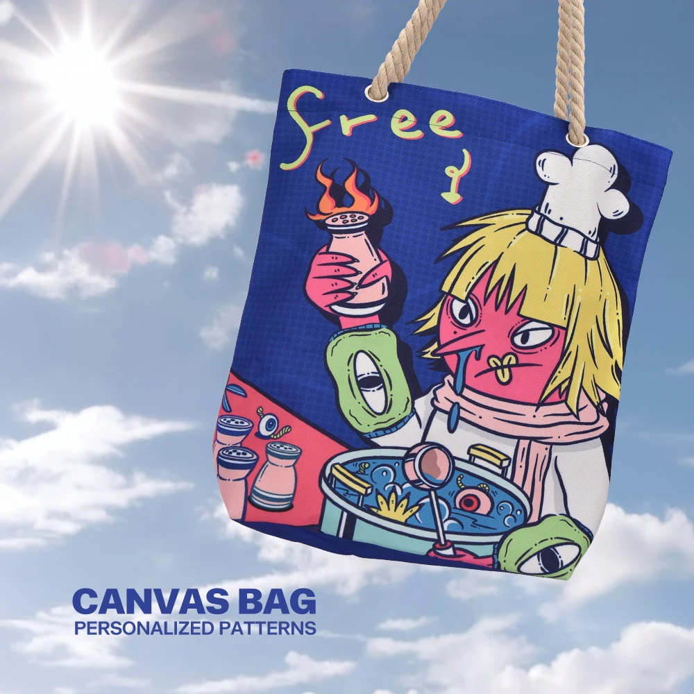 Creative cartoon illustration canvas bag, simple and fashionable, large capacity canvas shoulder bag, portable storage bag