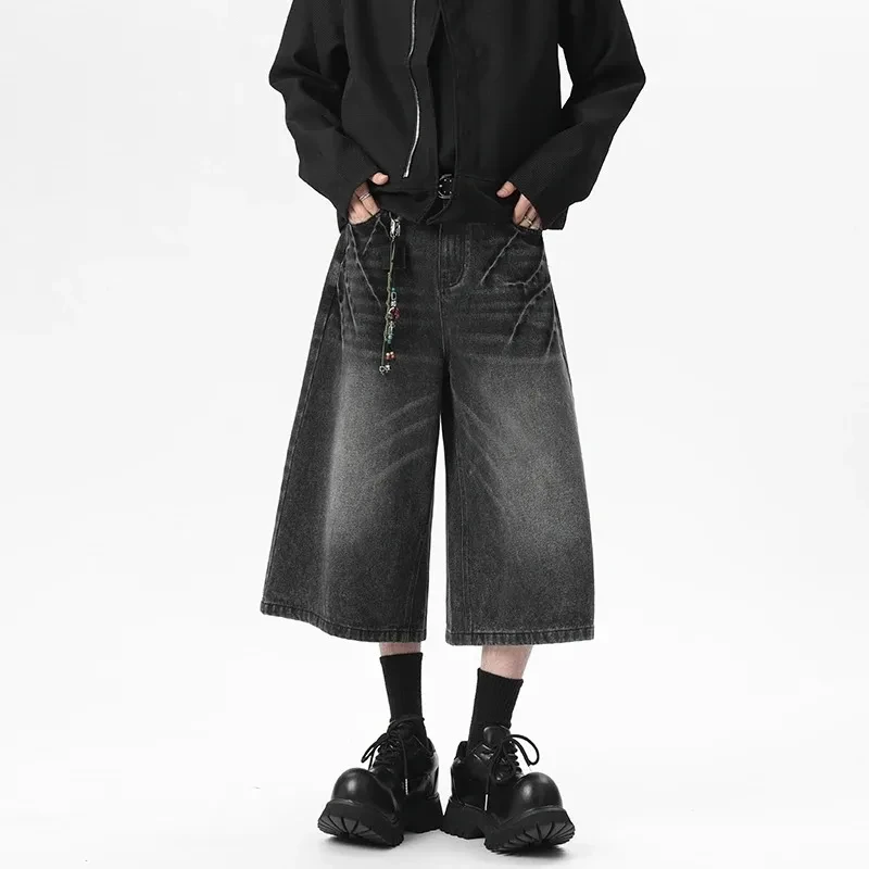 

Винтажные черно-серые мужские джинсовые шорты с широкими штанинами, повседневные, с черным градиентным эффектом, плиссированные, длиной до колена