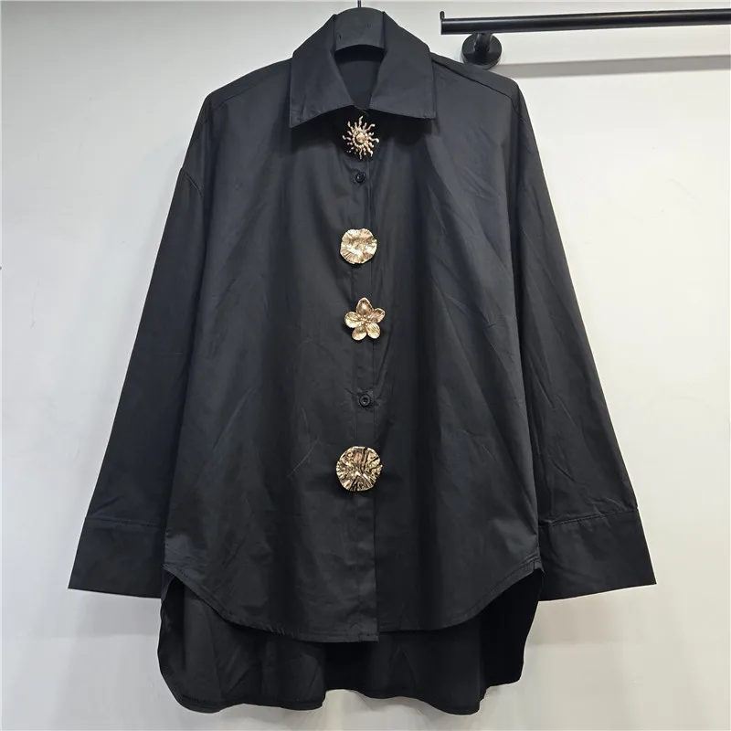 WTHT New Fashion Women's Flower Buckle Decoration Loose Shirt 2026 Spring Trendy Lapel Long Sleeves Blouse Female 1LS2794