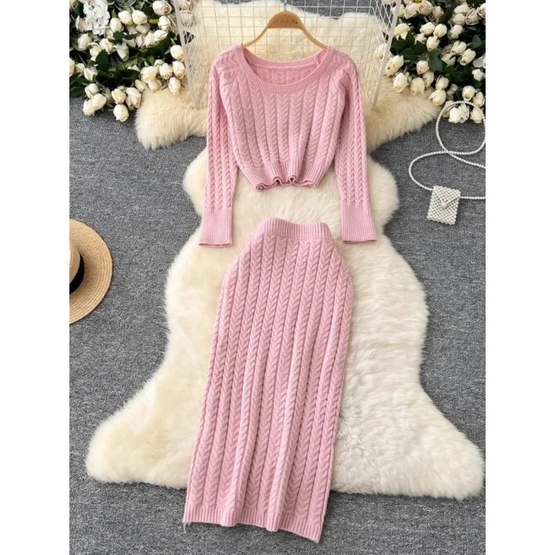 Simple High Quality Short Twist Knitted Sweater High Waist Midi Skirt Suit Women Autumn and Winter Women Vintage Two-piece Sets