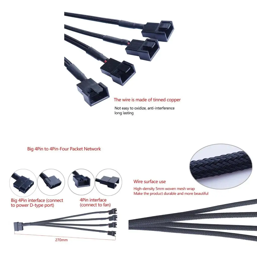 Braided 4Pin Power to 3Pin/4Pin for Case Cooling Fan Converter Adapter