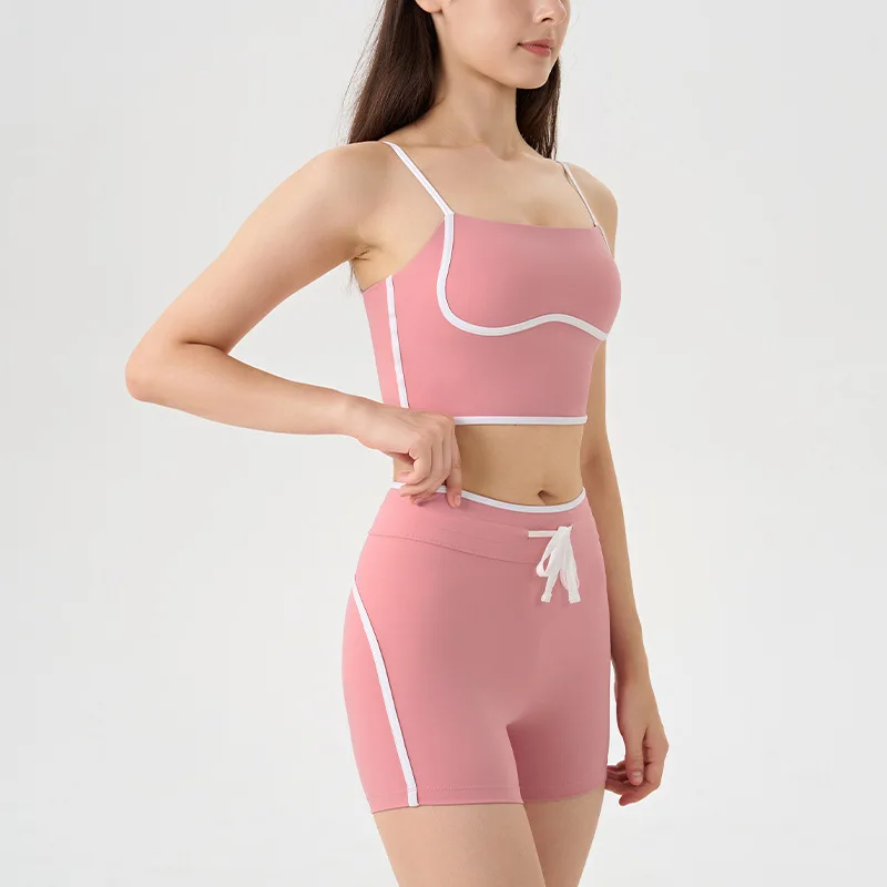 

2-piece New Women Yoga Set Contrast Color White Strip Running Drawstring Pants Shorts Sports Underwear Bra Running Fitness Set