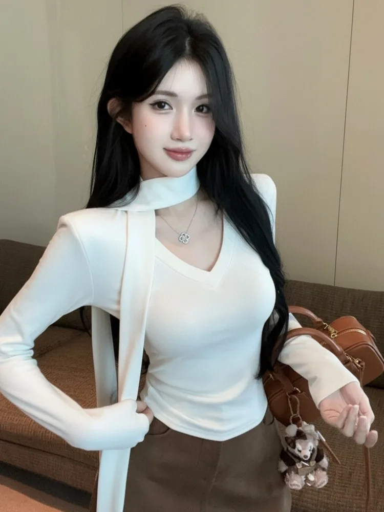 

Slimming Long Sleeve T-Shirt Women's Spring Autumn American Design V-Neck Waist Cinch Lace-Up Shoulder Standard Fit Knitted Top