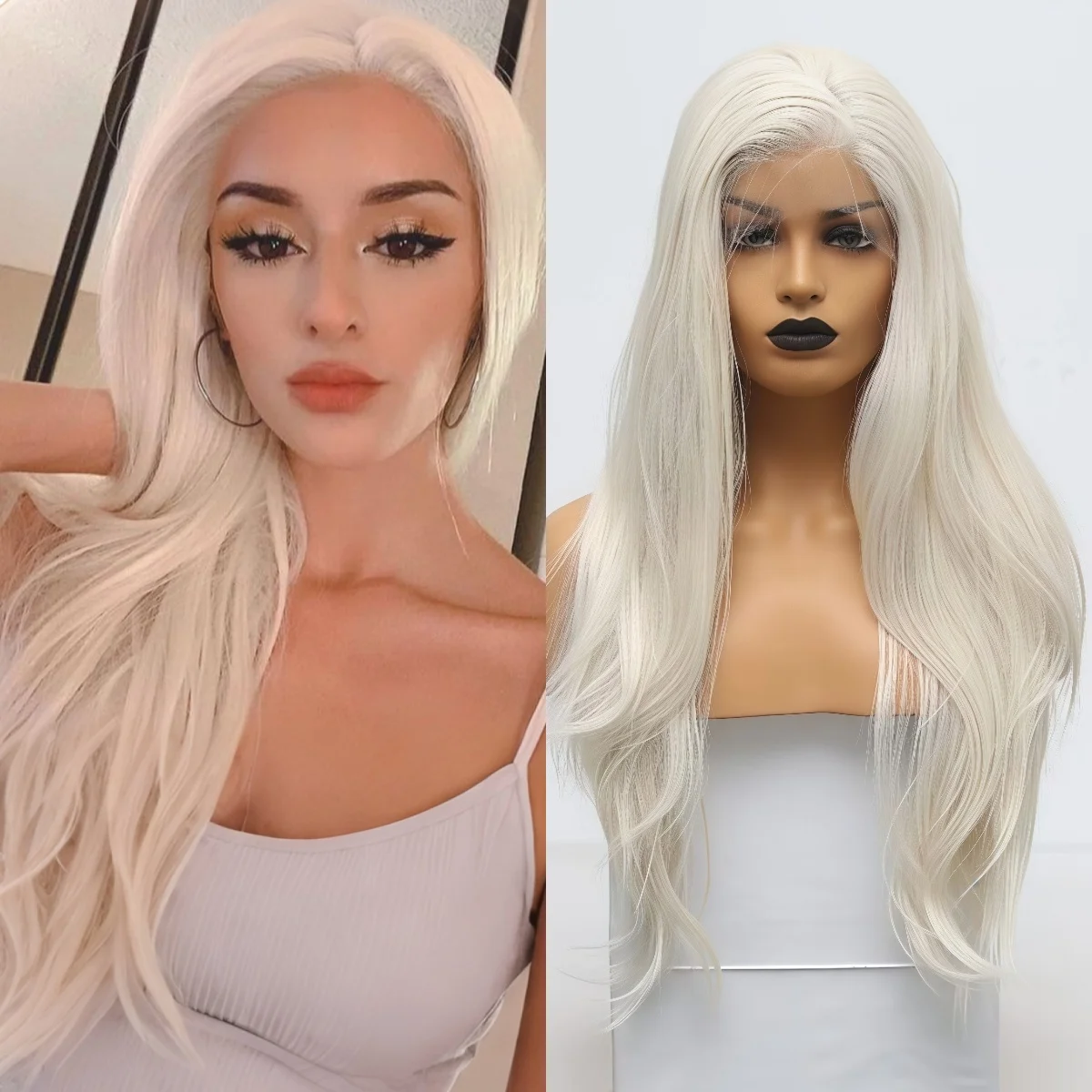 Long Platinum Blonde Natural Wavy Synthetic Hair Free Part Layered White Blonde Curly Heat Resistant Fiber Wigs for Women Daily