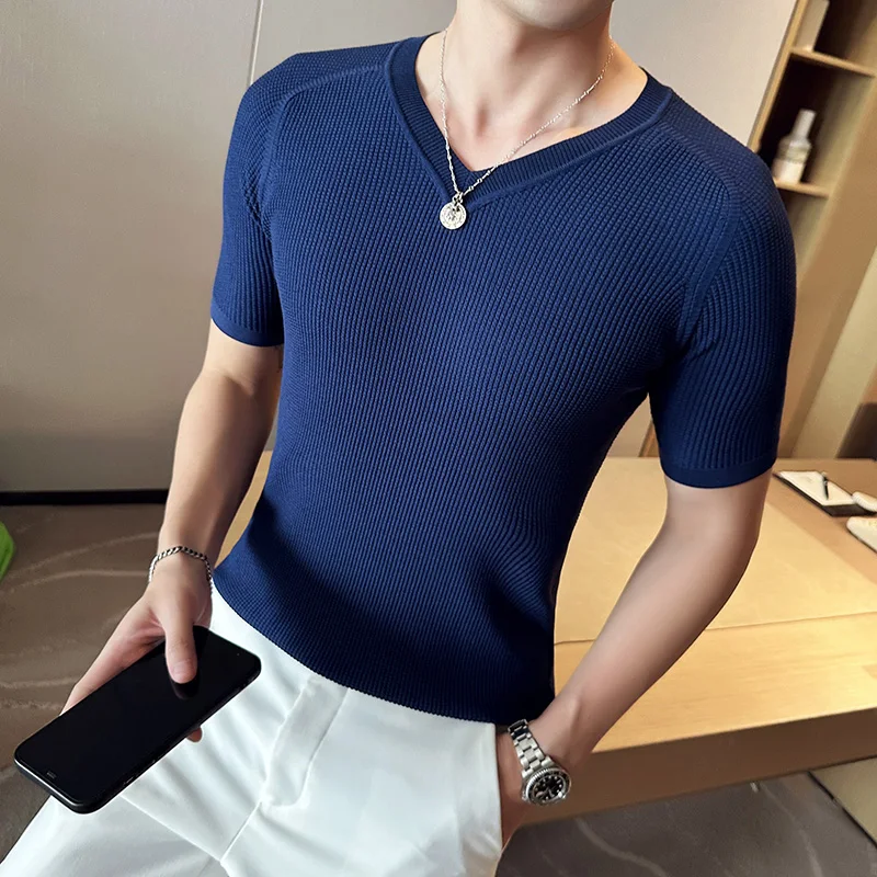 2024 Summer New V Neck T-shirt Men\'s Ice Silk Breathable Short Sleeves Knitted T Shirts Men Simple Casual Slim Fit Tee Top