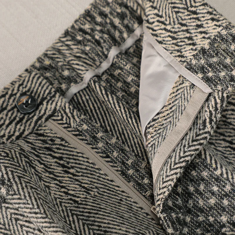 الخريف الشتاء خمر رمادي المرقعة 2024 المرأة أنيقة زر طويلة الأكمام السترة معطف عالية الخصر بانت قطعتين مجموعة الاتجاه الجديد