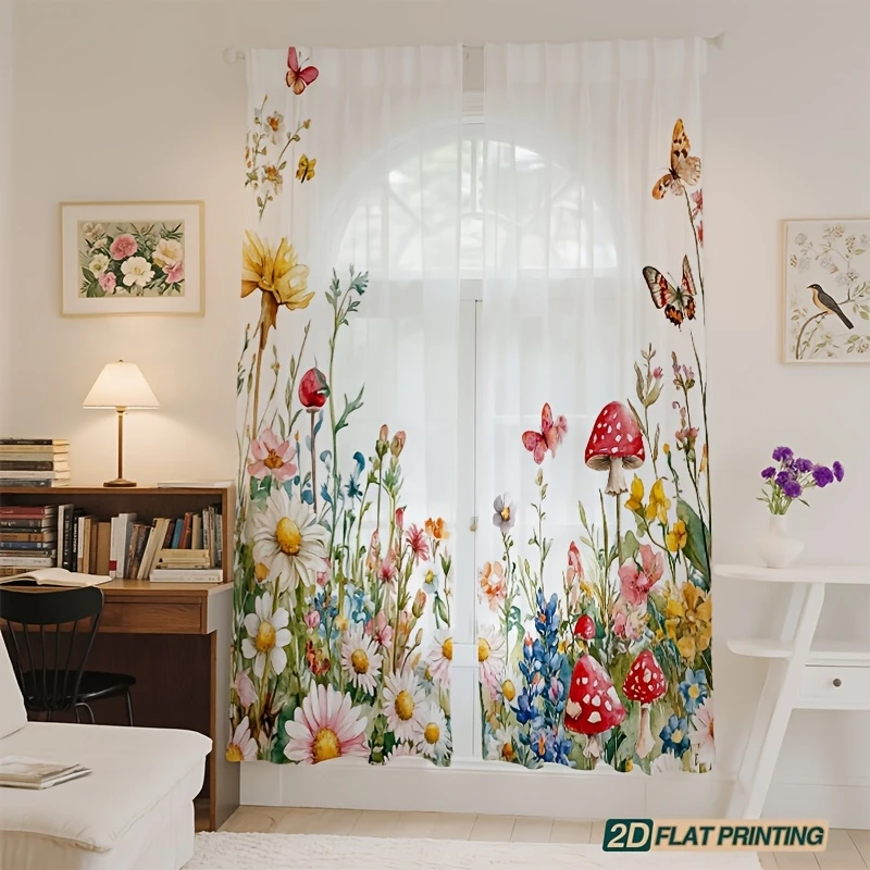 2PCS Digital Print Sheer Curtain, Wild Flower Party Garden Pattern, Bohemian Casual Countryside Cottage Home Style Decor
