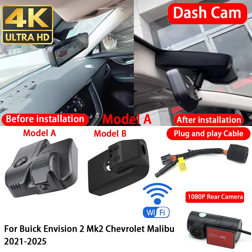 Cámara para Auto Buick Envision 2 Mk2 Chevrolet Malibu 2021-2025, 4K 2160P, Delantera y Trasera, DVR, Wifi, Plug & Play, Grabadora de Video