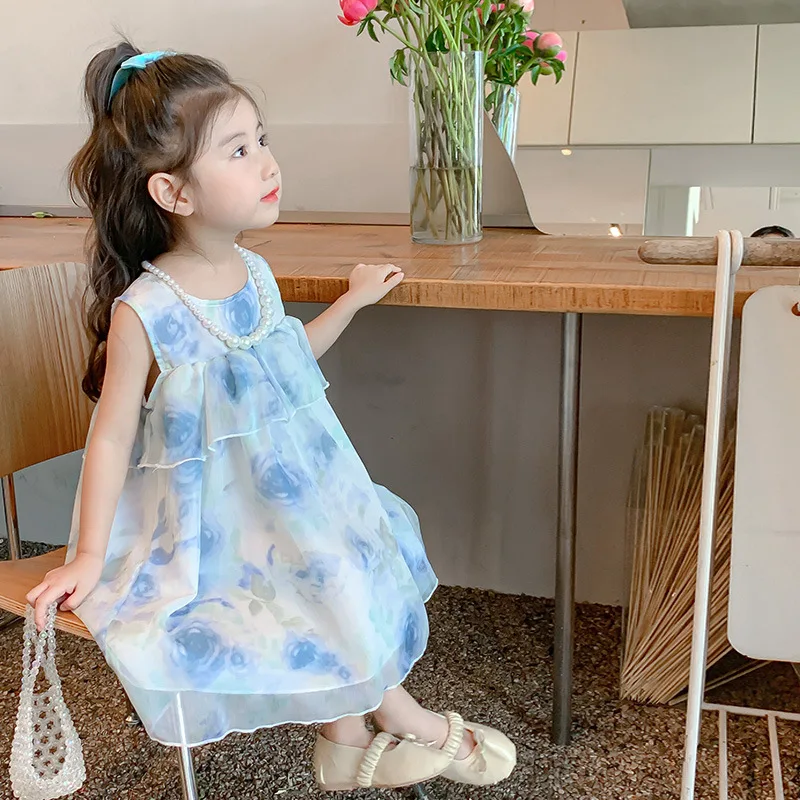 Girls Summer Dress 2024 New Style Baby Summer Dress Princess Skirt Korean Sweet Style Skirt Simple Casual Style All-match