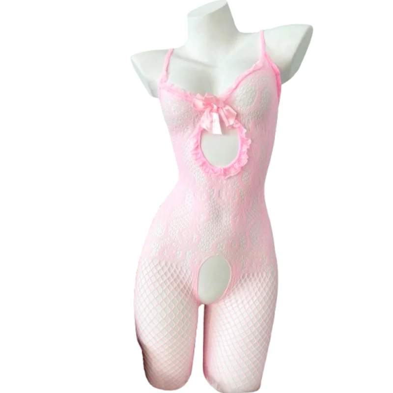 1-Piece Semi-Sheer Floral Pattern Bodysuit – Sexy Cut-Out Fishnet Design, Open-Crotch Style, Perfect for Intimate Nights