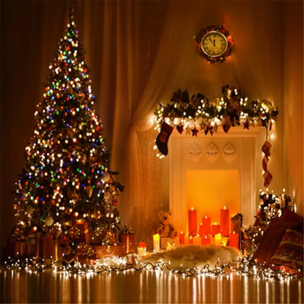 

Cymbozin Indoor Fireplace Background Photography Printed Sparkling Christmas Tree Garland Kids Xmas Party Photo Booth Backdrop