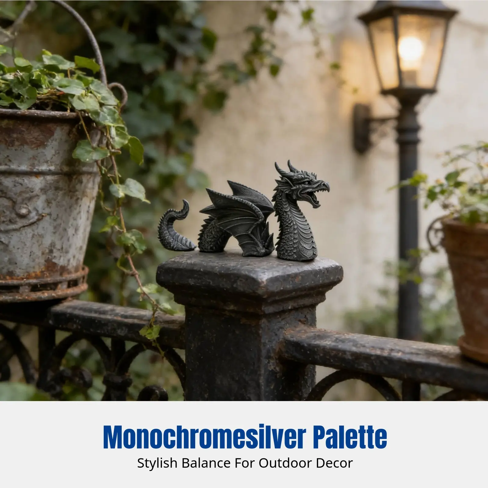 Mythical Resin Wyvern Sculpture, Three-Section Black Silver Garden Decor, Courtyard Outdoor Art