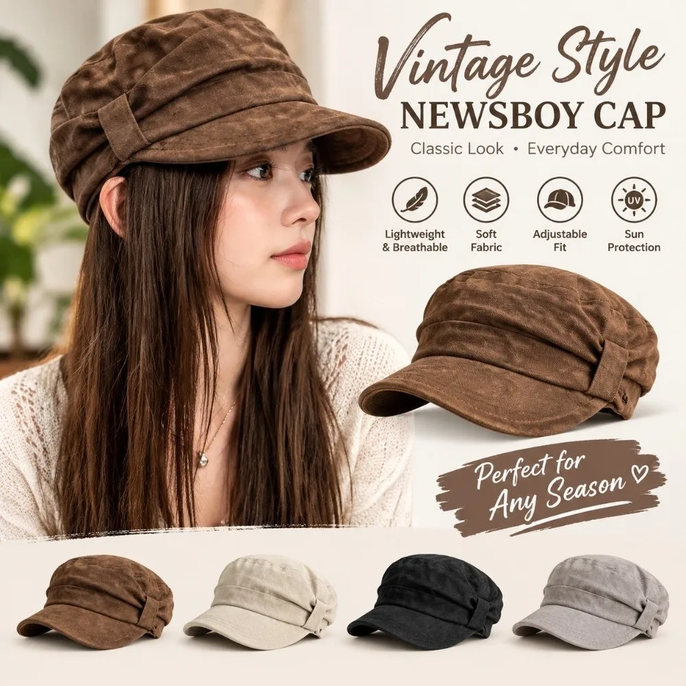 Warm Ruched Equestrian Hat Wind Resistant Large Head Size Octagonal Cap Adjustable Inner Band Suede Vintage Literary Hat