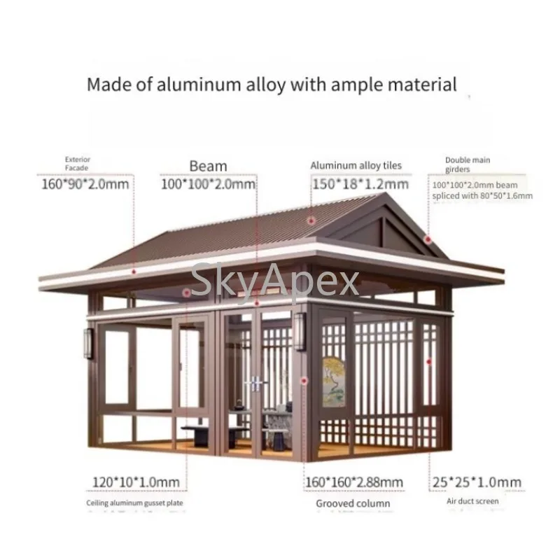تخصيص جناح سبائك الألومنيوم جديد الصينية الحديثة غرفة الشمس غرفة الشاي أربعة ركن جناح للفيلا فناء حديقة في الهواء الطلق
