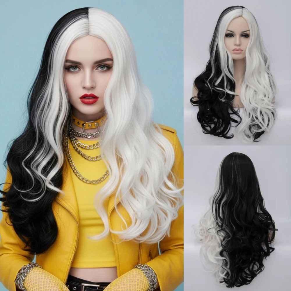 

Длинный волнистый синтетический парик черного цвета с белыми прядями, с центральным пробором и челкой - идеально подходит для Хэллоуина, косплея и аниме-вечеринок.