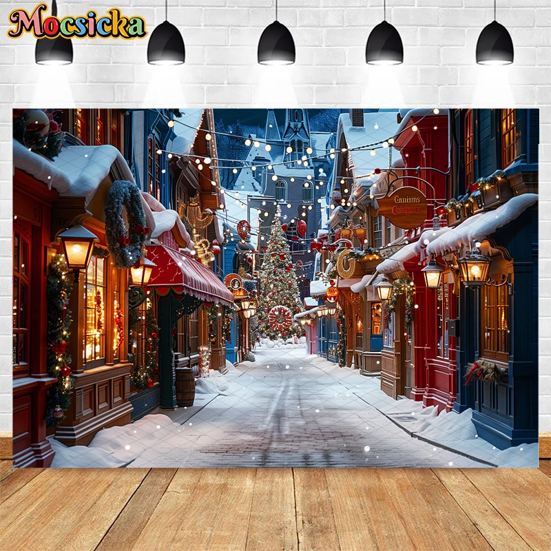 Mocsicka Christmas Night Street Backdrop For Adult Kids Portrait Photography Happy New Year Xmas Tree Lights Decor Background