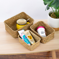 3PCS 3Sizes Rectangle Seagrass Storage Boxes Small Straw Storage Baskets Cosmetic Gadgets Toys Basket Home Bathroom Organizer