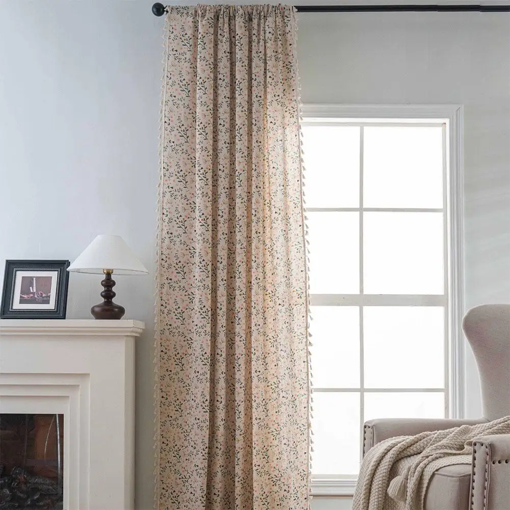 ستائر هامشية مطبوعة من القطن والبوليستر ستائر نوافذ شبه قابلة للتعتيم مع شرابات ستائر من القطن والكتان لغرفة النوم #6