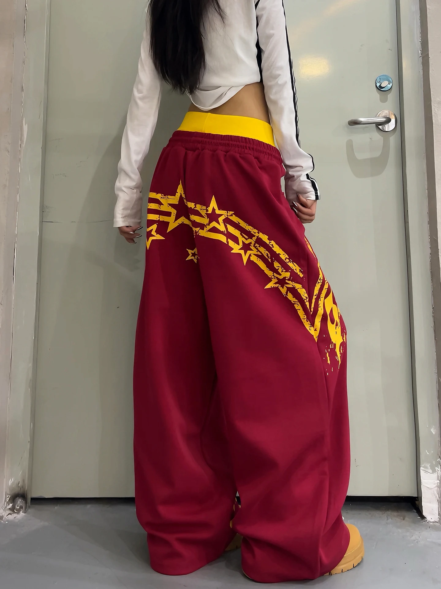 American Street Style Color Block Printed Casual Sweatpants Women's Double Waist Head Dancing Wide Leg Long Trousers Trendy