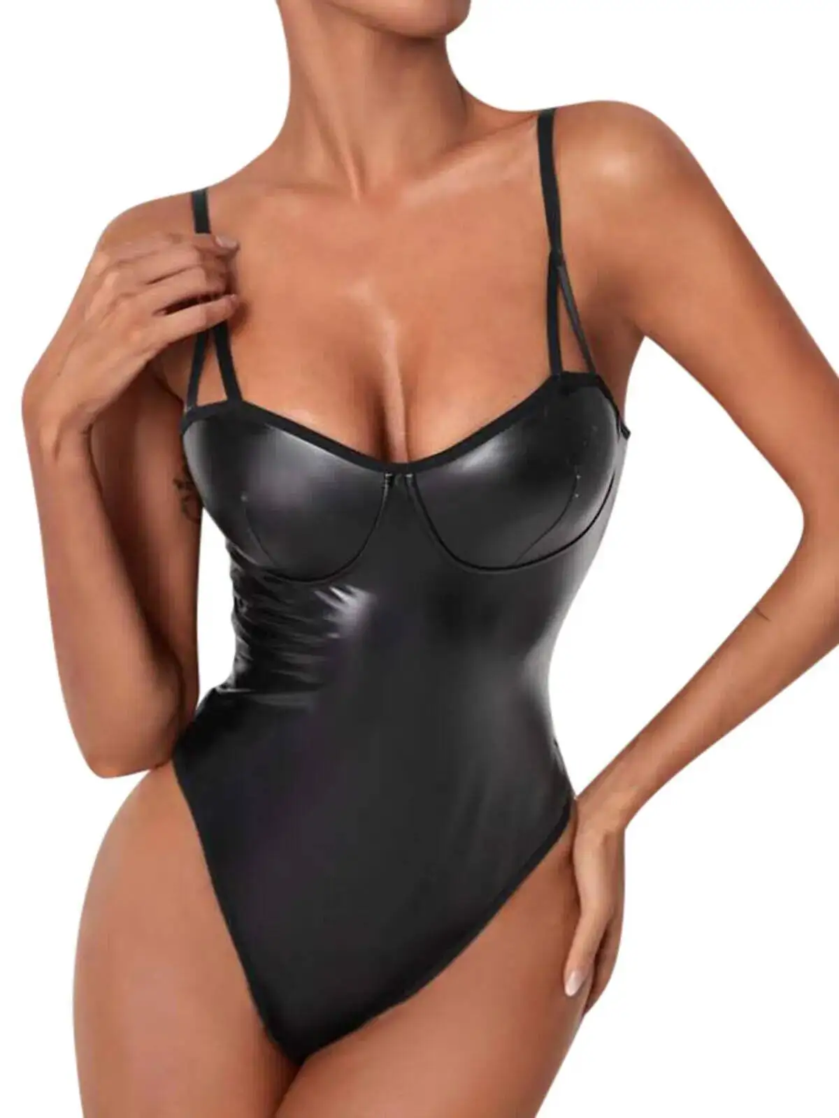 Sexy Women's Suspender Patent Leather Home Wear Bodysuits Playful Backless Deep V Sleeveless Bodysuits Pure Desire Charming 4HEA