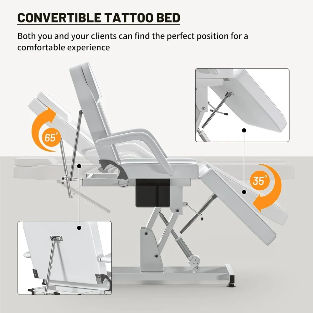 Chaise de tatouage électrique avec tabouret, lit blanc, esthétique réglable, chaise qualifiée ale, lit de massage, lit de cils, recommandé par le client