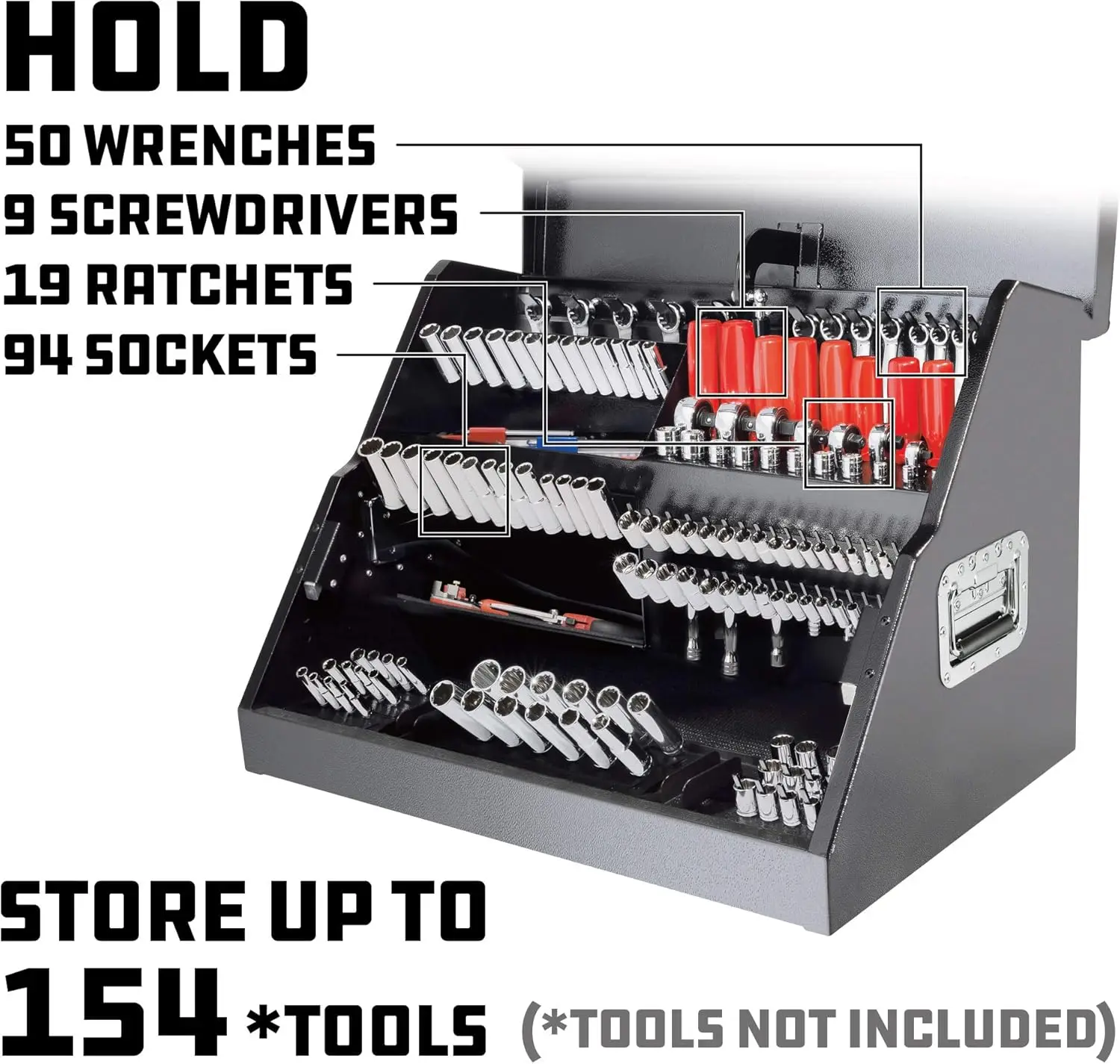 26 Inch Portable Slant Front Rapid Toolbox Tiered Tool Holders, 16 Gauge Steel, Chrome Hardware, Weather-Re