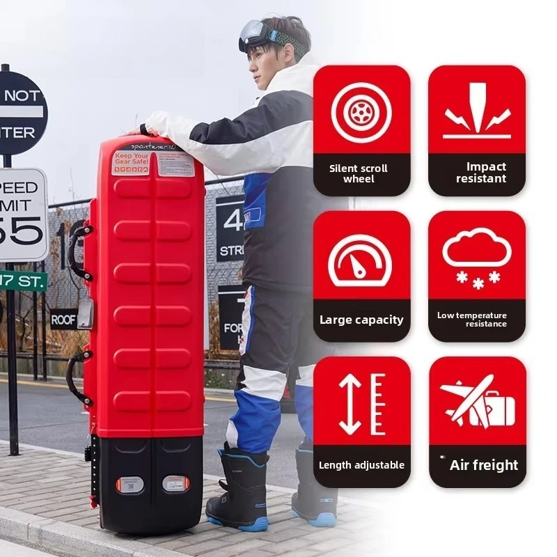 Waterproof hard-shell snowboard/ski pole case with wheels, with anti-drop and pressure resistance, suitable for travel
