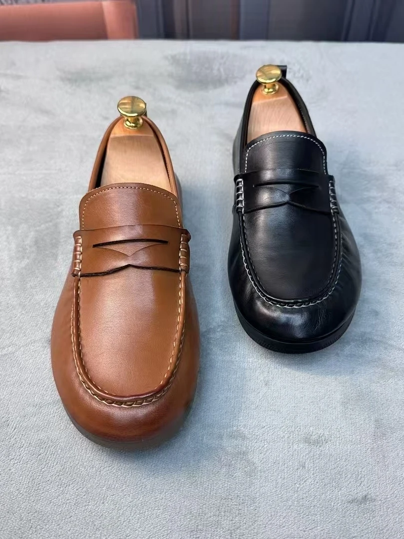 

High Quali Casual Leather Men's oes Comfortable Faionable Versatile Personali Youth Trend round Toe Flat Heel Rubber ...