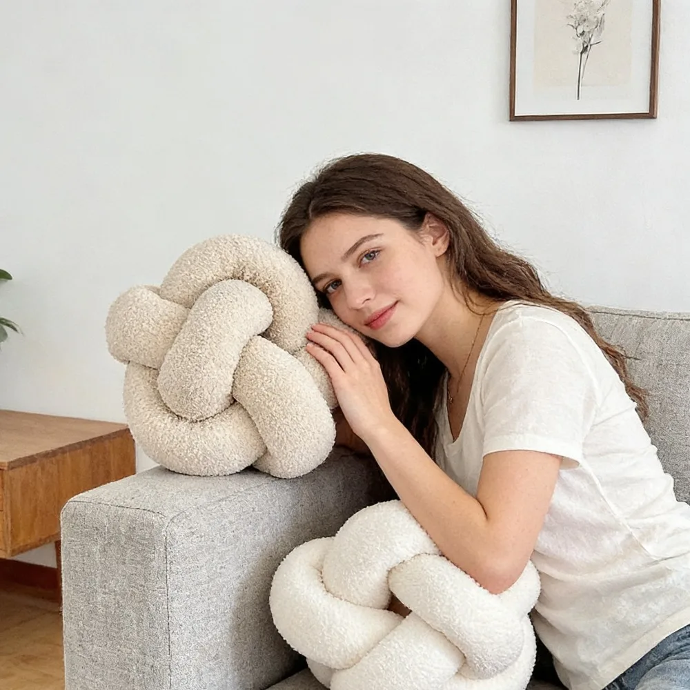 

Woven Knotted Ball Pillow Lamb Fleece Cushion Octagonal Sofa Bed Back Pillow for Living Room