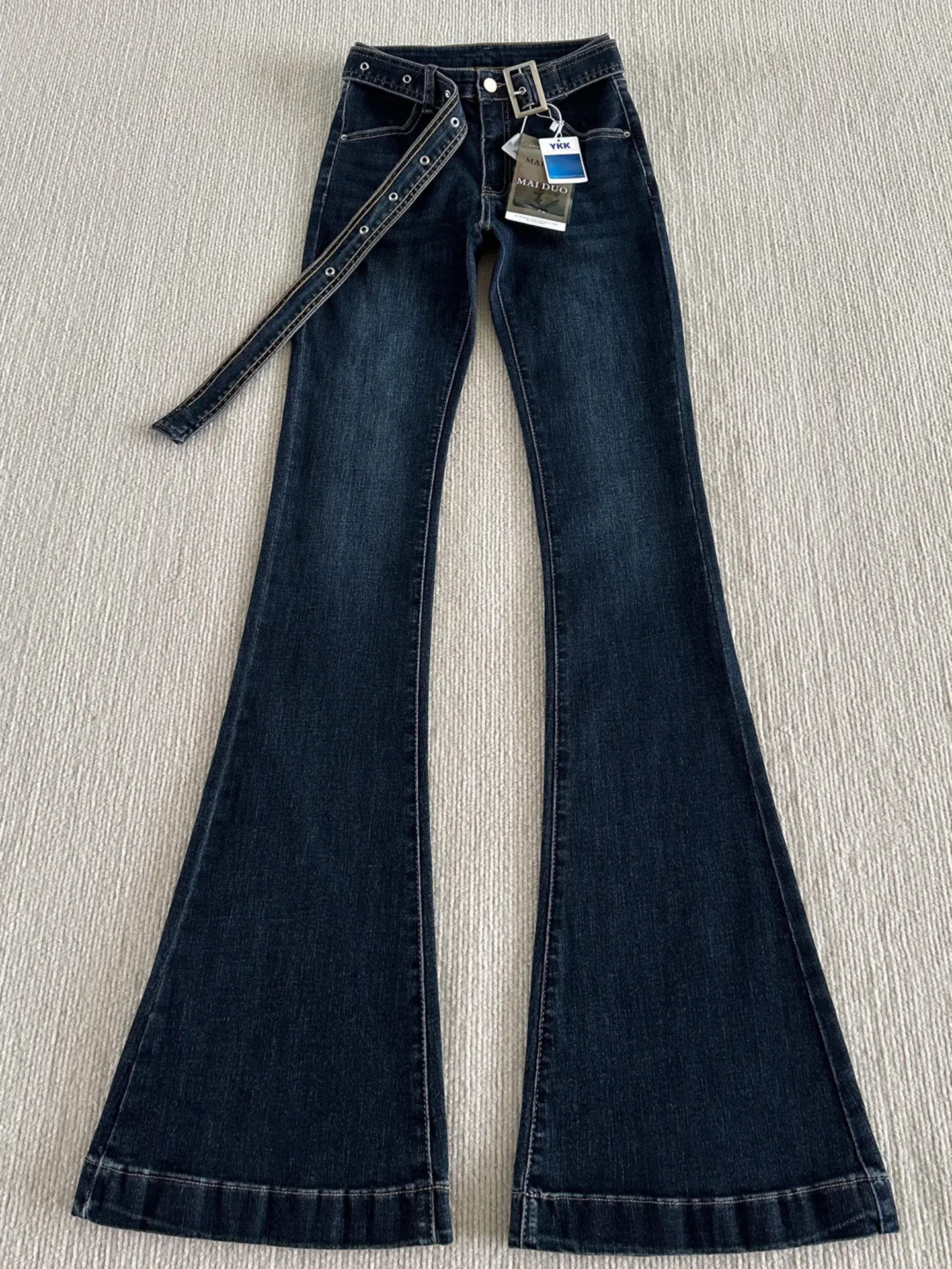 Deep Blue Retro Flared Jeans Women's Autumn Winter plus Size High Waist Slimming Hip Covering Elastic Bell Bottoms