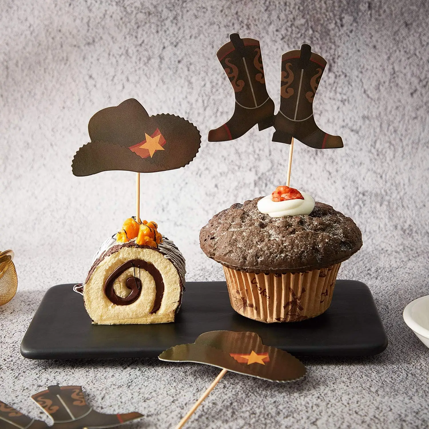 24 Stück Cupcake-Topper mit Cowboyhut und Stiefeln, Partyzubehör zum Thema Western, Geburtstagskuchen-Dekorationen, Babyparty-Picks – Detail 2