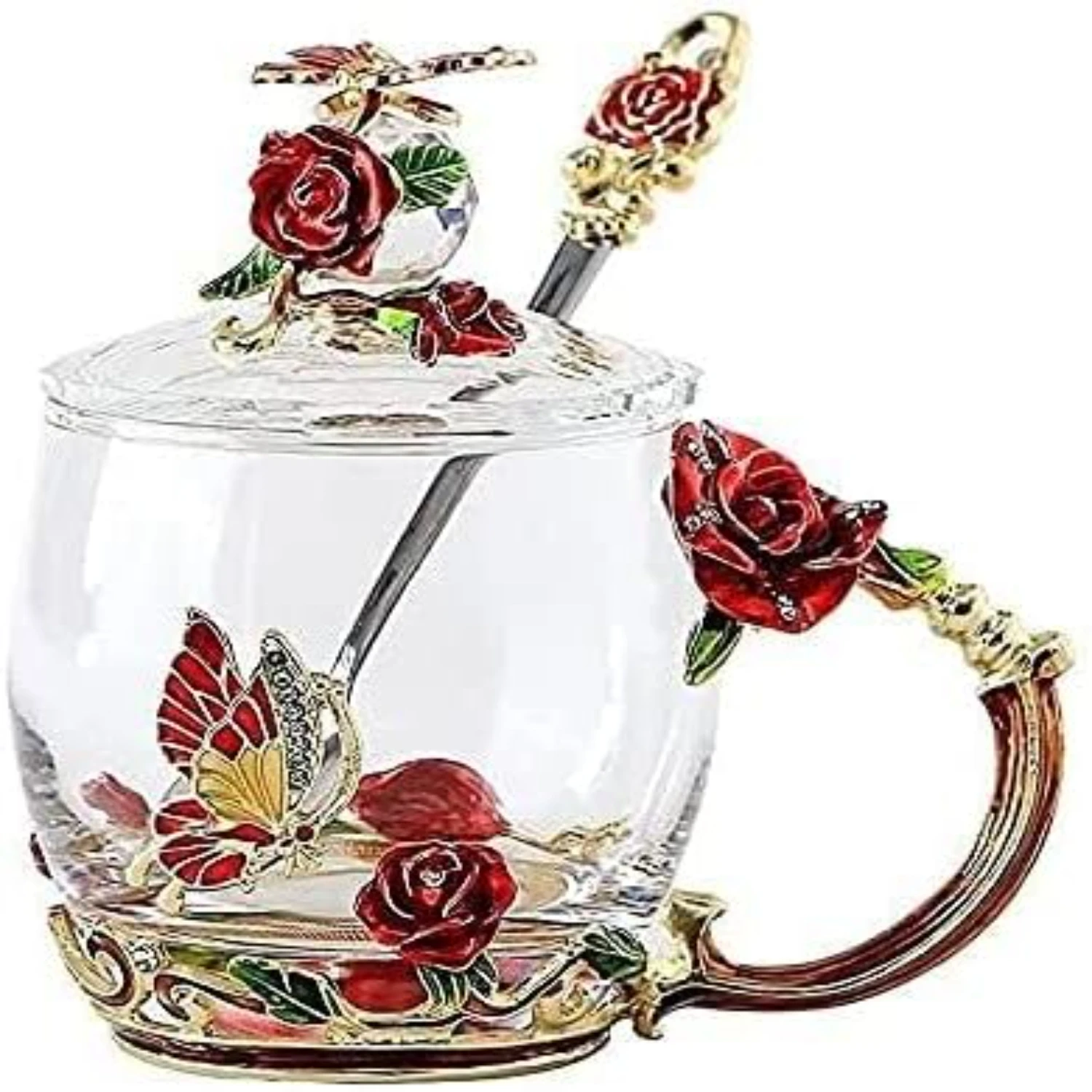 Beautiful and Elegant Enamel Flower Glass Tea Cup with Lid, Spoon, and Saucer - Vibrant Color - High Temperature Resistant and L