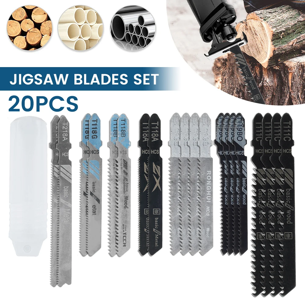 20PCS/Set Jigsaw Blades Set T-Shaft HCS Assorted Jig Saw Blades for Wood Plastic and Metal Cutting Incl. Plastic Box forBlack &