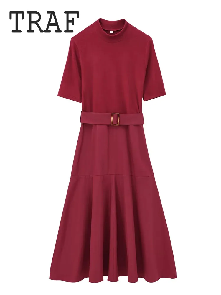 TRAF Soft Texture Woman Dress Fashion With Belt Long Dresses For Women Elegant Ladylike Style Solid Color Women Dresses