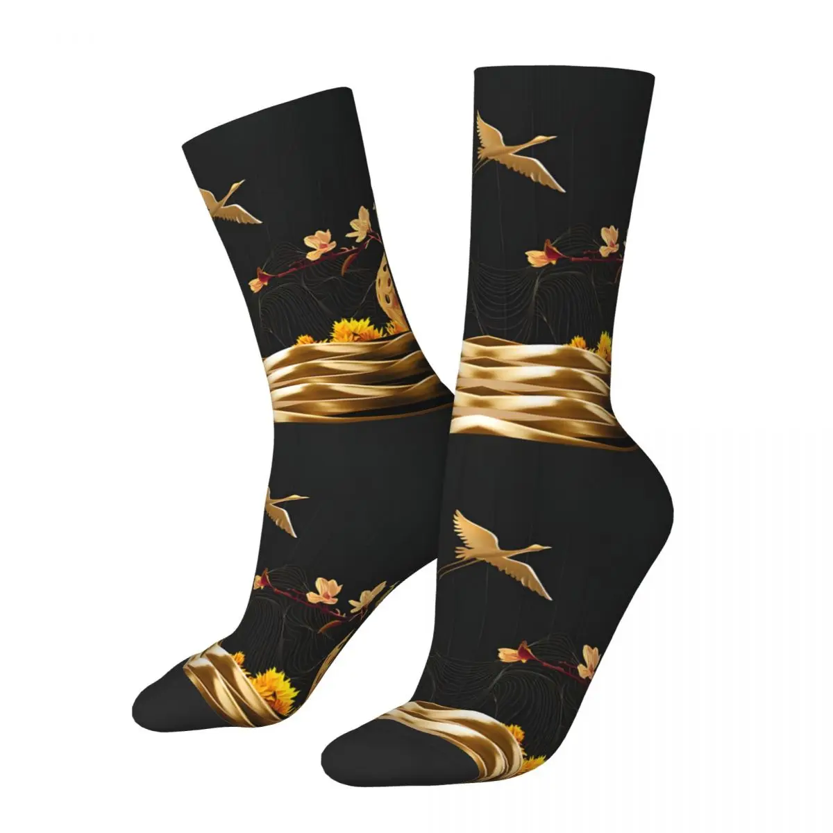 Retro Golden Flying Cranes Dancing Modern Japanese Men's Socks Unisex Harajuku Pattern Printed Happy Crew Sock Gift