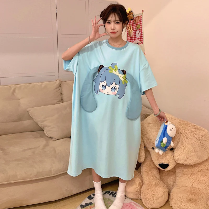 

Korean Summer Women Sleepwear Girls Nightgown Pajamas Anime Print Nightdress Women's Cartoon Cute Oversize Girl Pijama Mujer