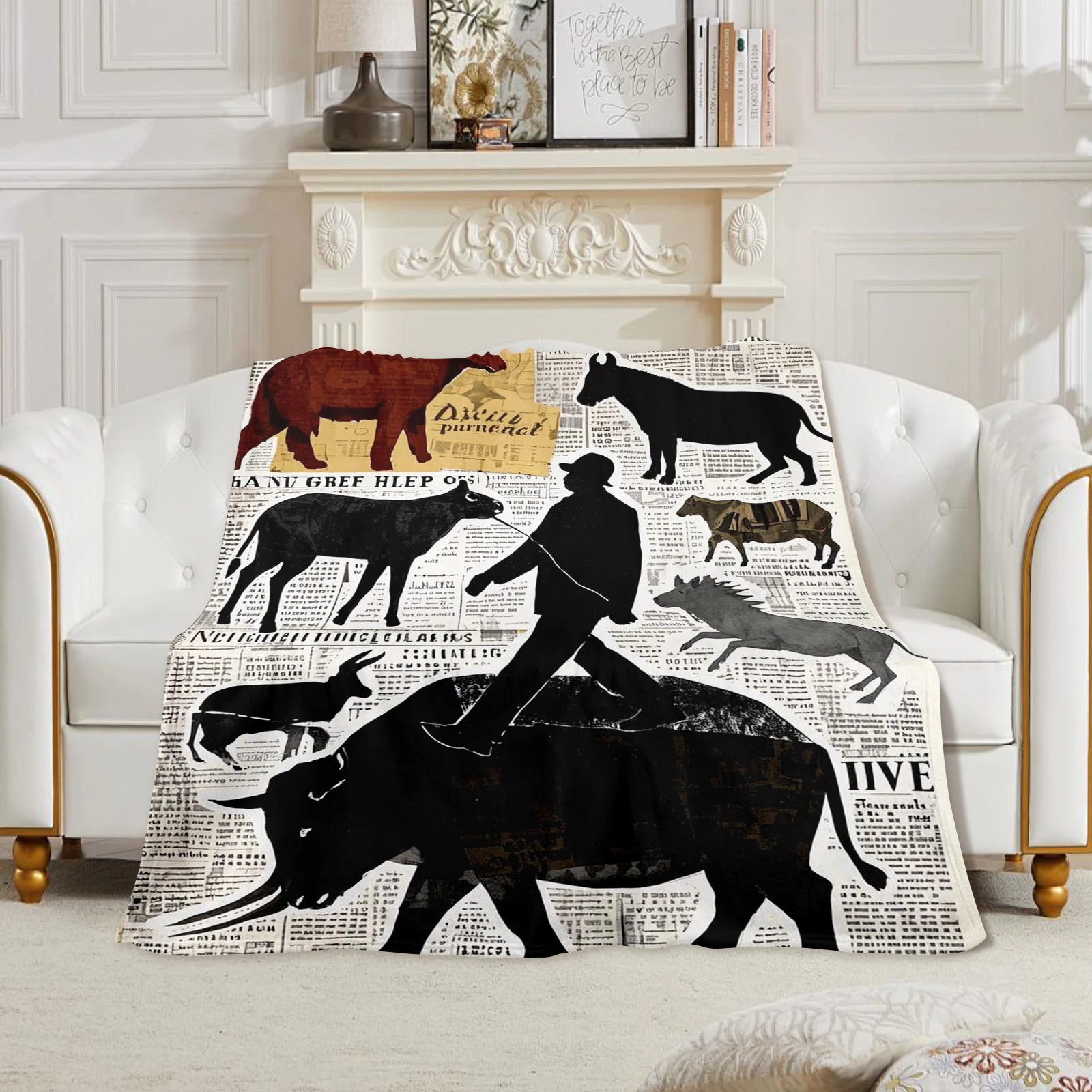 

Newspaper Style Silhouette People And Animals Blanket For Family Friends And Kids Adds Warmth And Art To Your Home