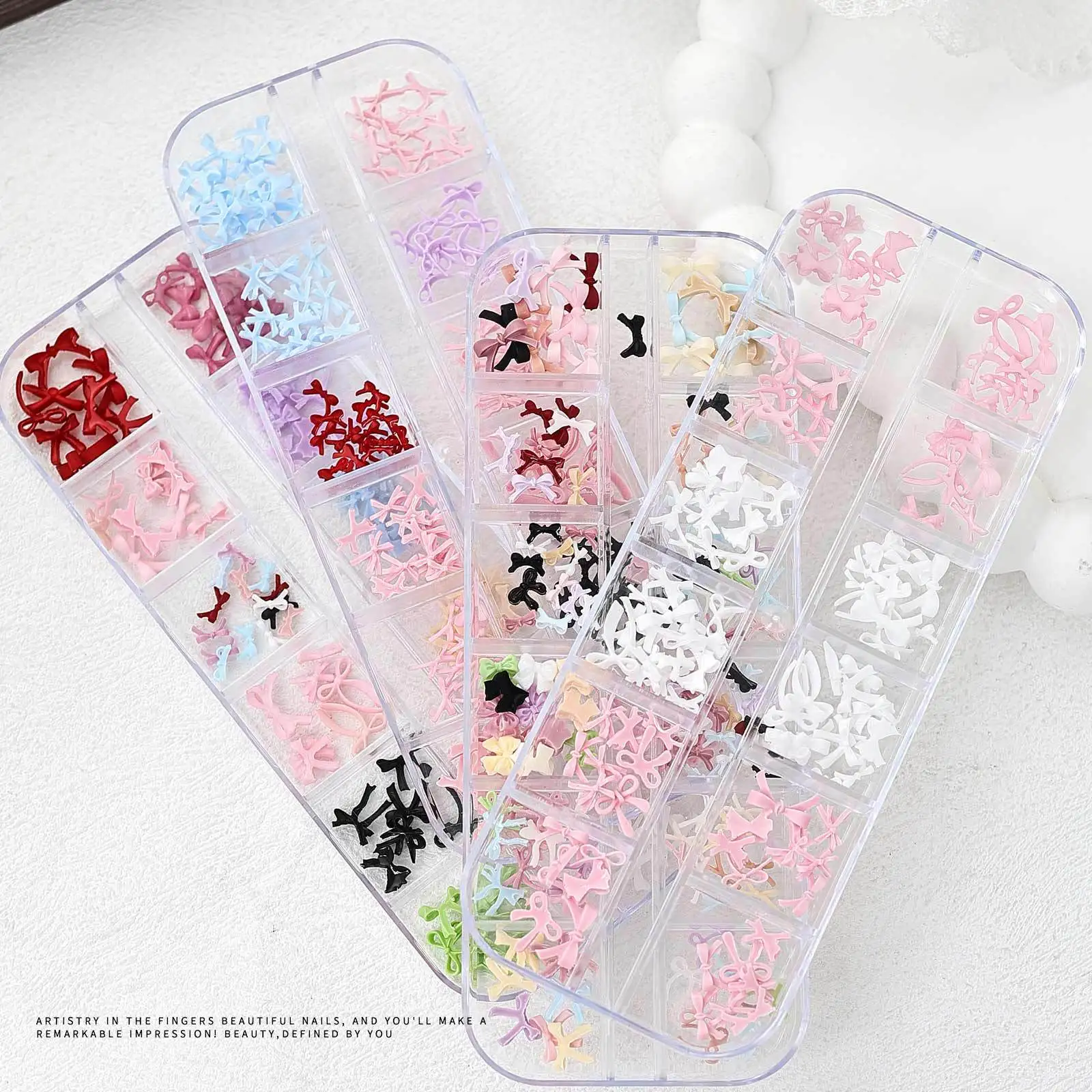 새로운 12칸 미니 블랙 핑크 리본 믹스 컬러 보타이 네일 드릴 스위트 DIY 네일 아트 액세서리 장식 매니큐어