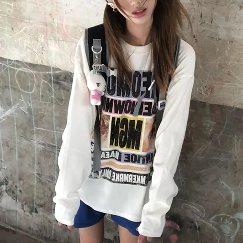 

Американская винтажная субкультура, женская футболка с буквенным принтом, свободная футболка с круглым вырезом, Harajuku Y2K, повседневный топ в ленивом консервативном стиле, весенне-осенний топ