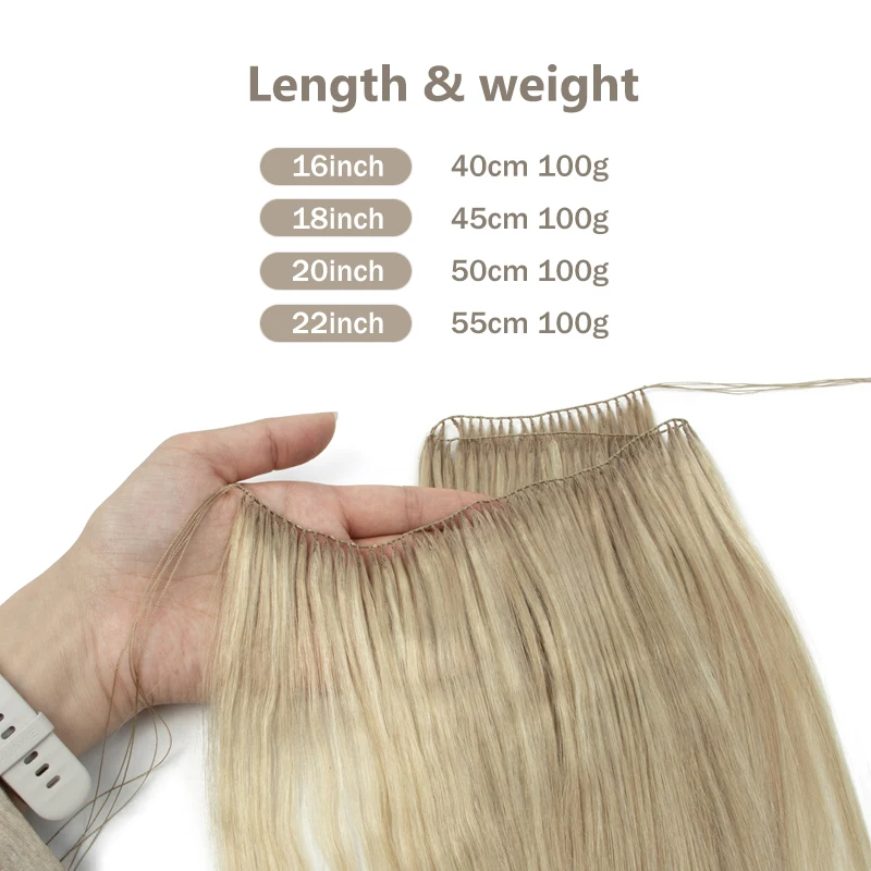 Estensioni dei capelli con punta in piuma invisibile Fasci biondi lisci Capelli umani da cucire in microanelli Trama dei capelli 40 cm 100 fili