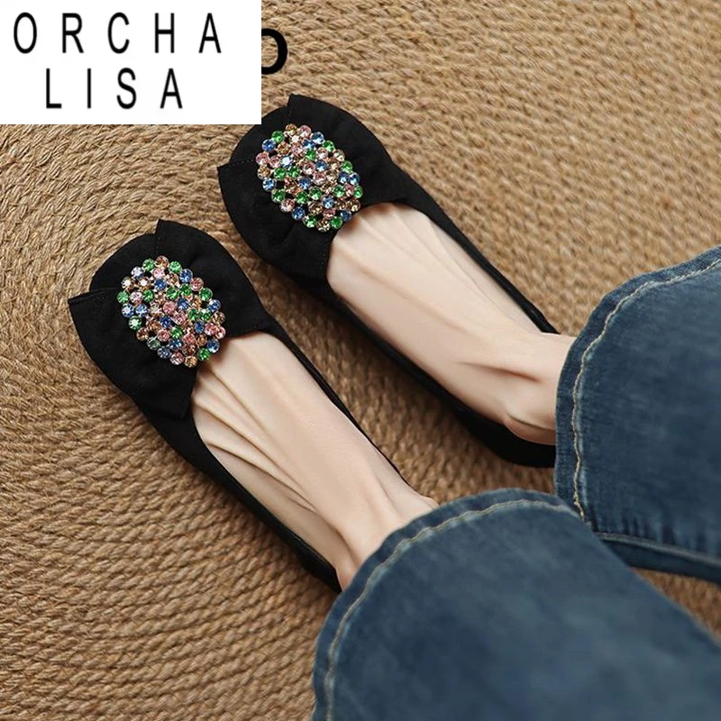 

ORCHA LISA 2025 Модные женские туфли на плоской подошве с квадратным носком без шнуровки из флока и замши с разноцветными кристаллами, большой размер 41, 42, 43, милые повседневные мягкие туфли