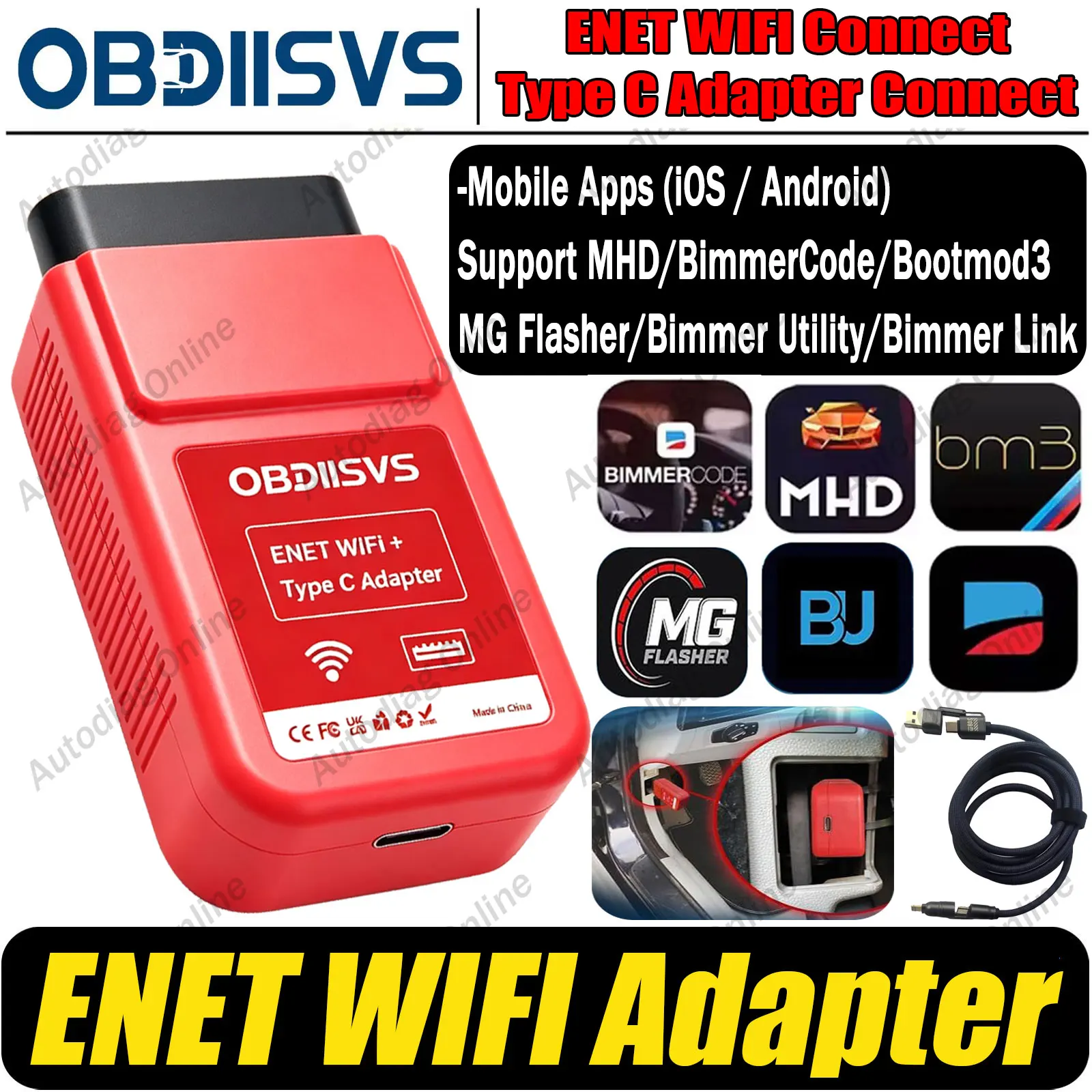 ENET WiFi Adapter For F/G/I Series Diagnostic DTC Code ECU programming Support MHD/BimmerCode/BimmerLink/MG Flash Type C Scanner