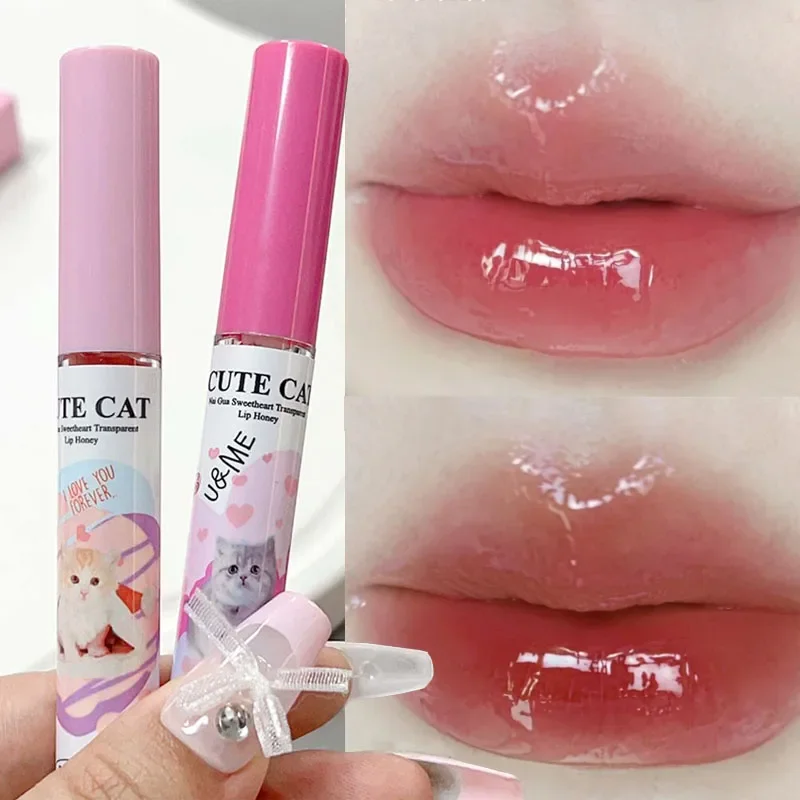 Cute Cat Clear Jelly Lip Glaze Makeup 6pcs Glossy Lip Gloss Set Lasting Water Light Nude Liquid Lipstick Korean Lips Cosmetics