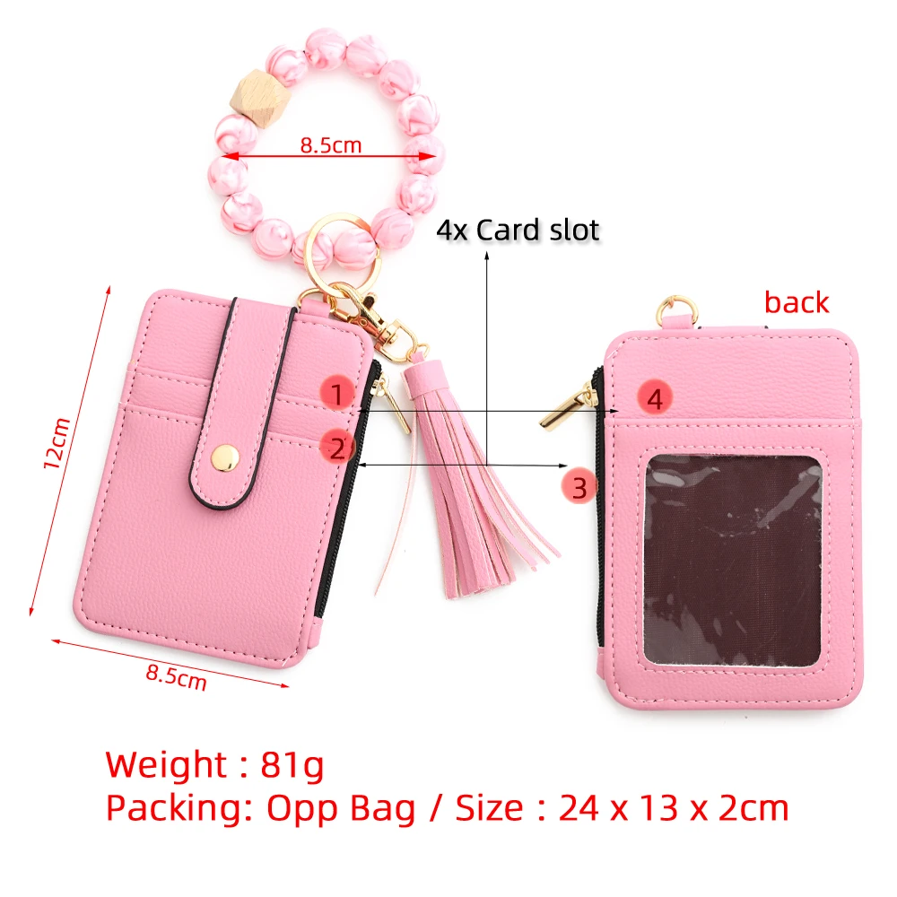 2023 Fashion multifunctional Pattern Credit Card Bag Pu Leather Coin Purse Women Silicone Bead Bangle Keychain